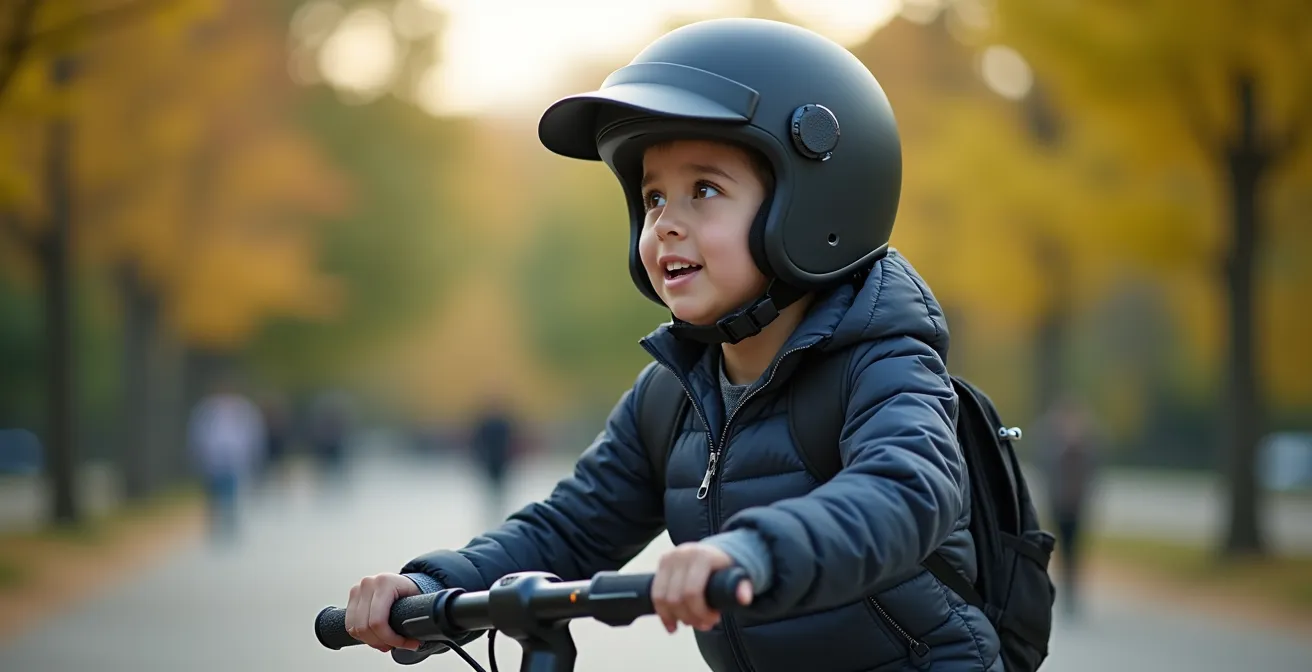 Personne pratiquant la trottinette électrique avec équipements de protection dans un parc montréalais