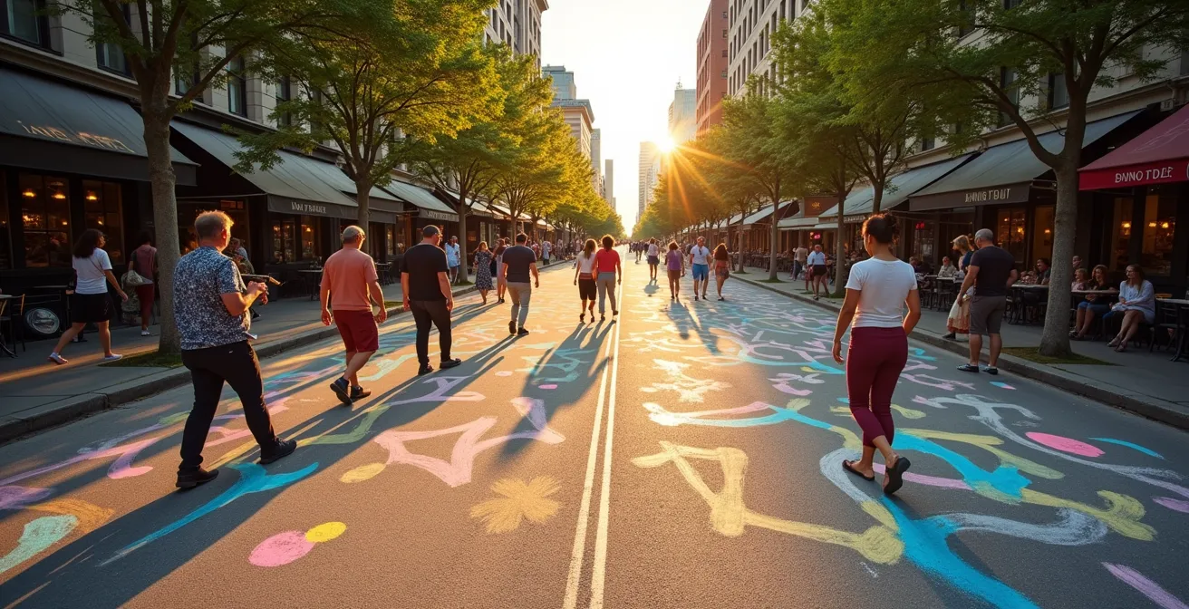 Vue large de l'avenue Mont-Royal piétonnisée en été montrant l'espace réapproprié avec des activités spontanées et l'animation urbaine