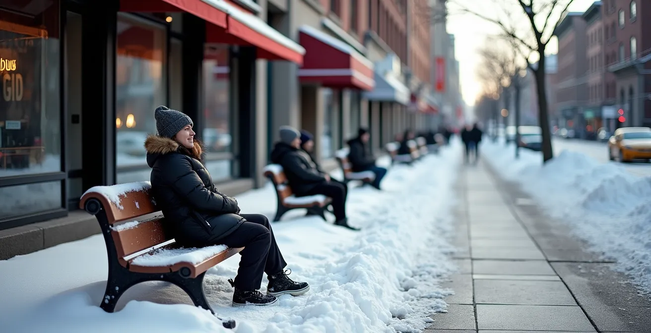 Vue large de la rue Sainte-Catherine avec bancs publics enneigés et piétons