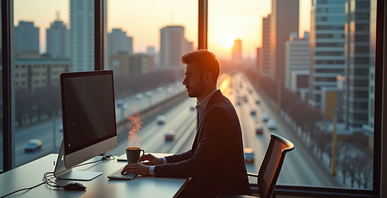 Employé travaillant tôt le matin dans un bureau moderne de Montréal avec vue sur la ville calme