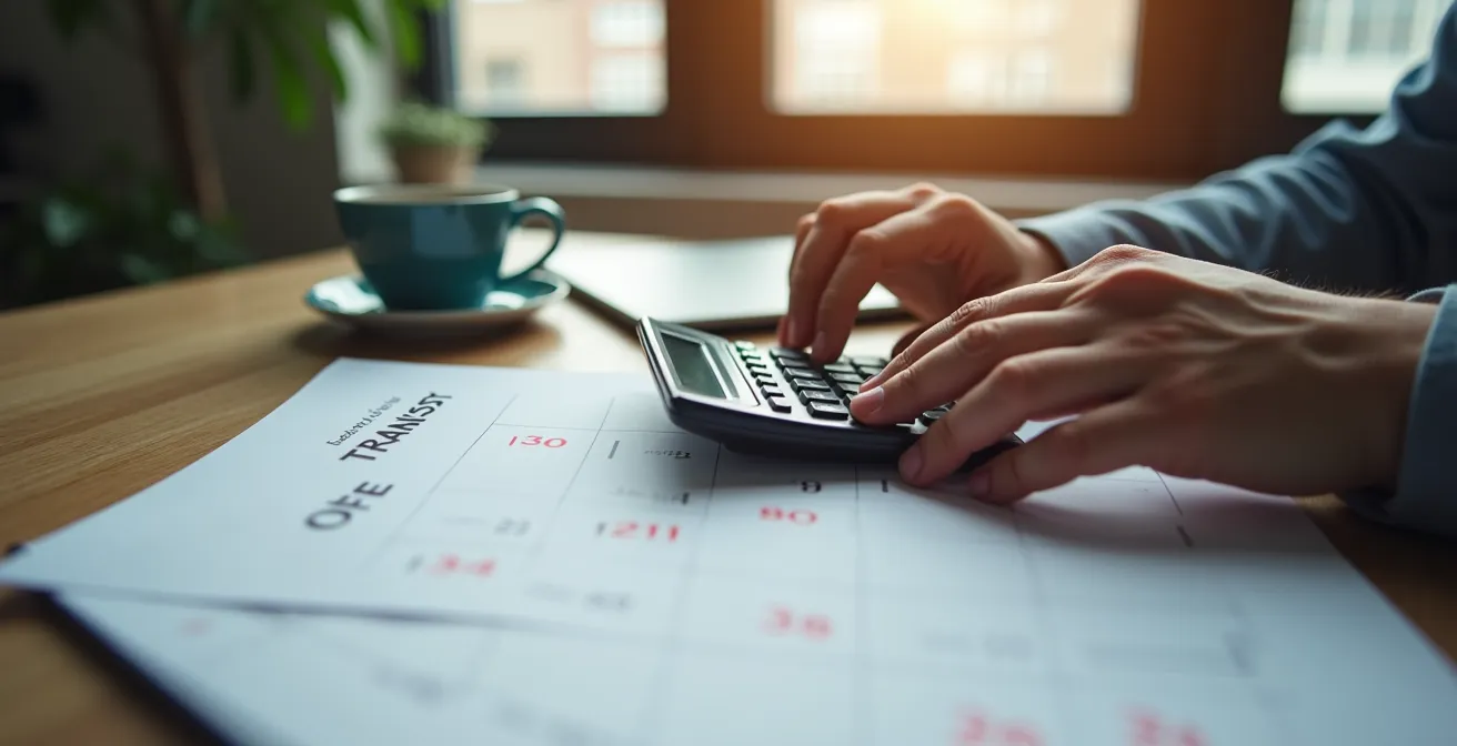 Personne en télétravail calculant ses frais de transport avec calculatrice et calendrier