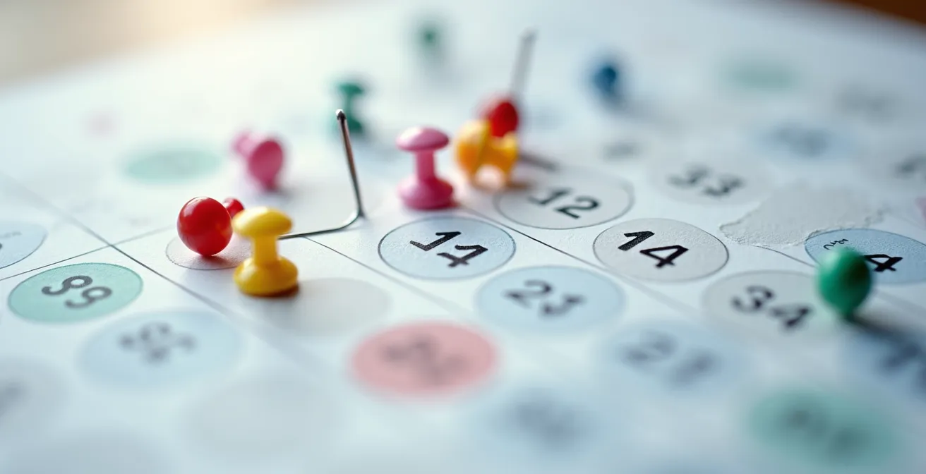 Vue macro d'un calendrier avec des épingles colorées marquant les périodes de disponibilité
