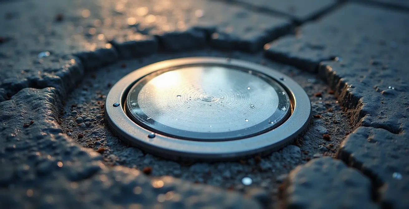 Vue macro d'un capteur de stationnement encastré dans l'asphalte d'une rue du centre-ville de Montréal