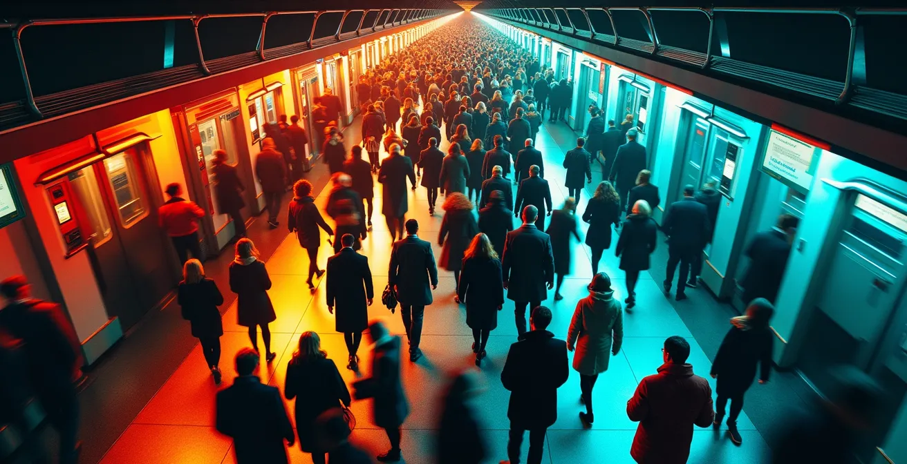 Visualisation abstraite des flux de passagers dans une station de métro avec zones de densité colorées