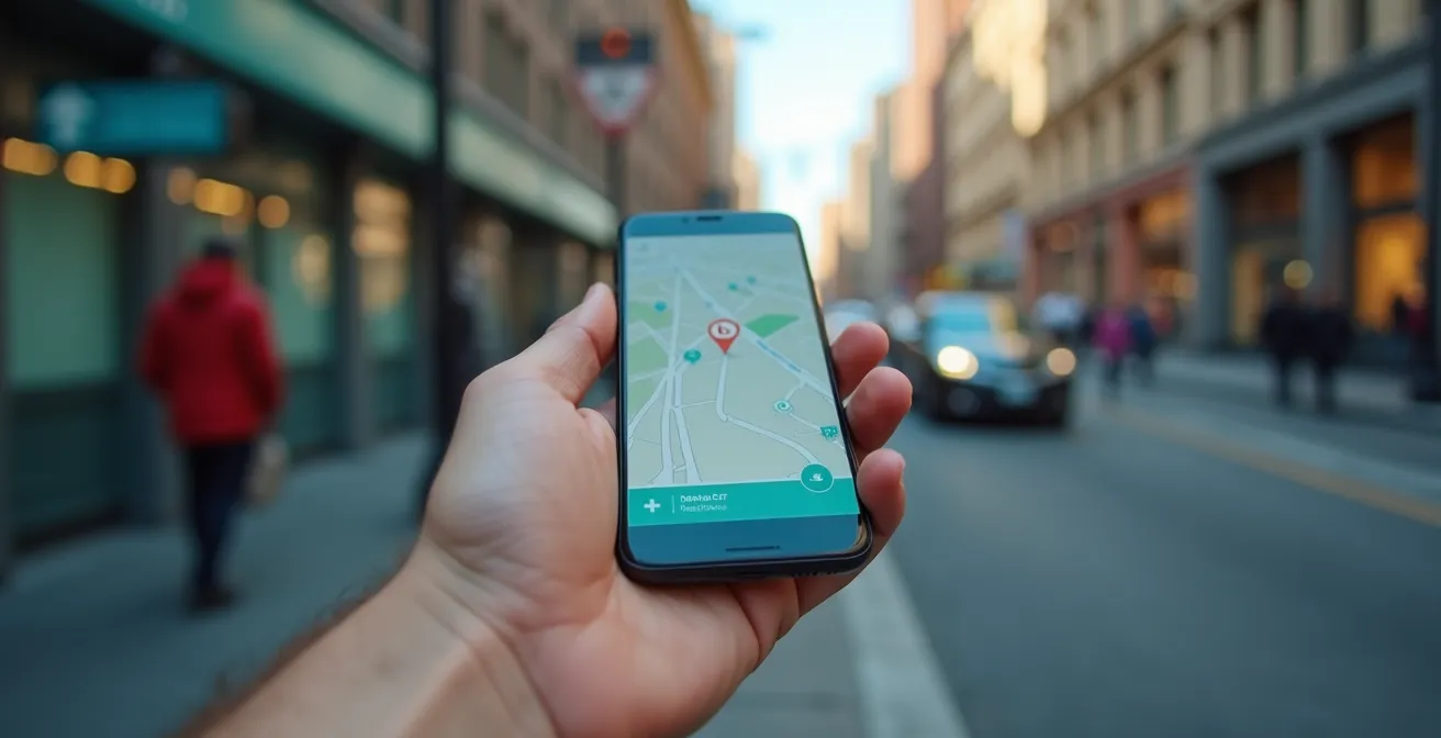 Main tenant un téléphone montrant une carte avec des points de localisation de véhicules d'autopartage à Montréal
