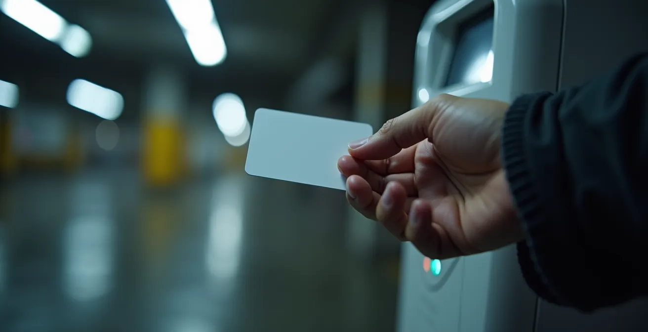 Gros plan sur une main tenant une carte RFID près d'un lecteur de borne de recharge dans un stationnement souterrain