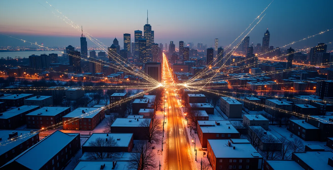Vue aérienne d'une carte de Montréal montrant la densité des bornes de recharge par arrondissement