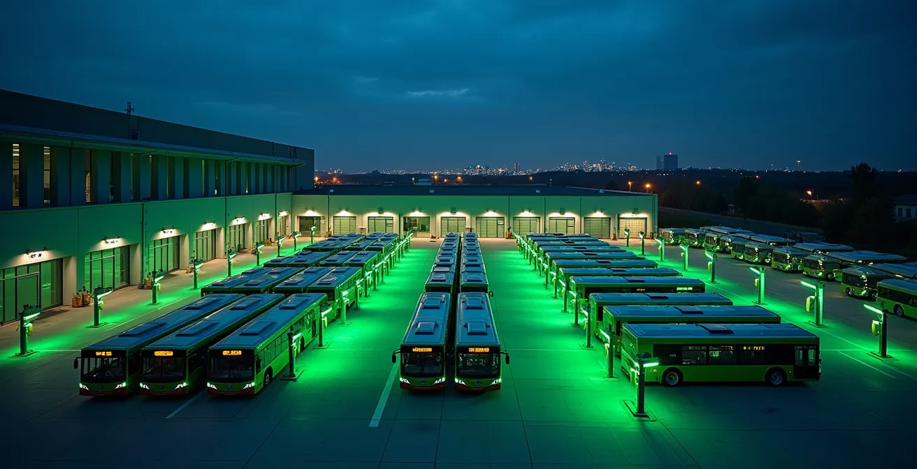 Vue nocturne d'un centre de transport STM avec infrastructure de recharge électrique