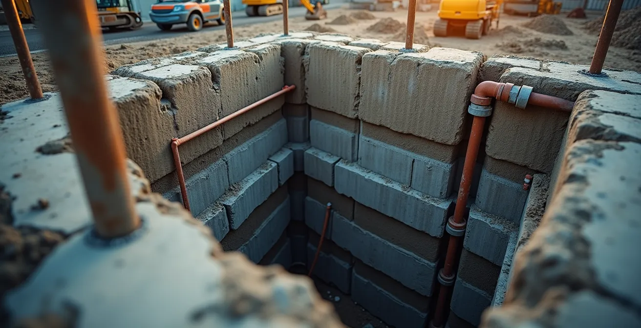 Vue en plongée d'un chantier de construction complexe montrant l'enchevêtrement des infrastructures souterraines et les travaux de modernisation urbaine à Montréal