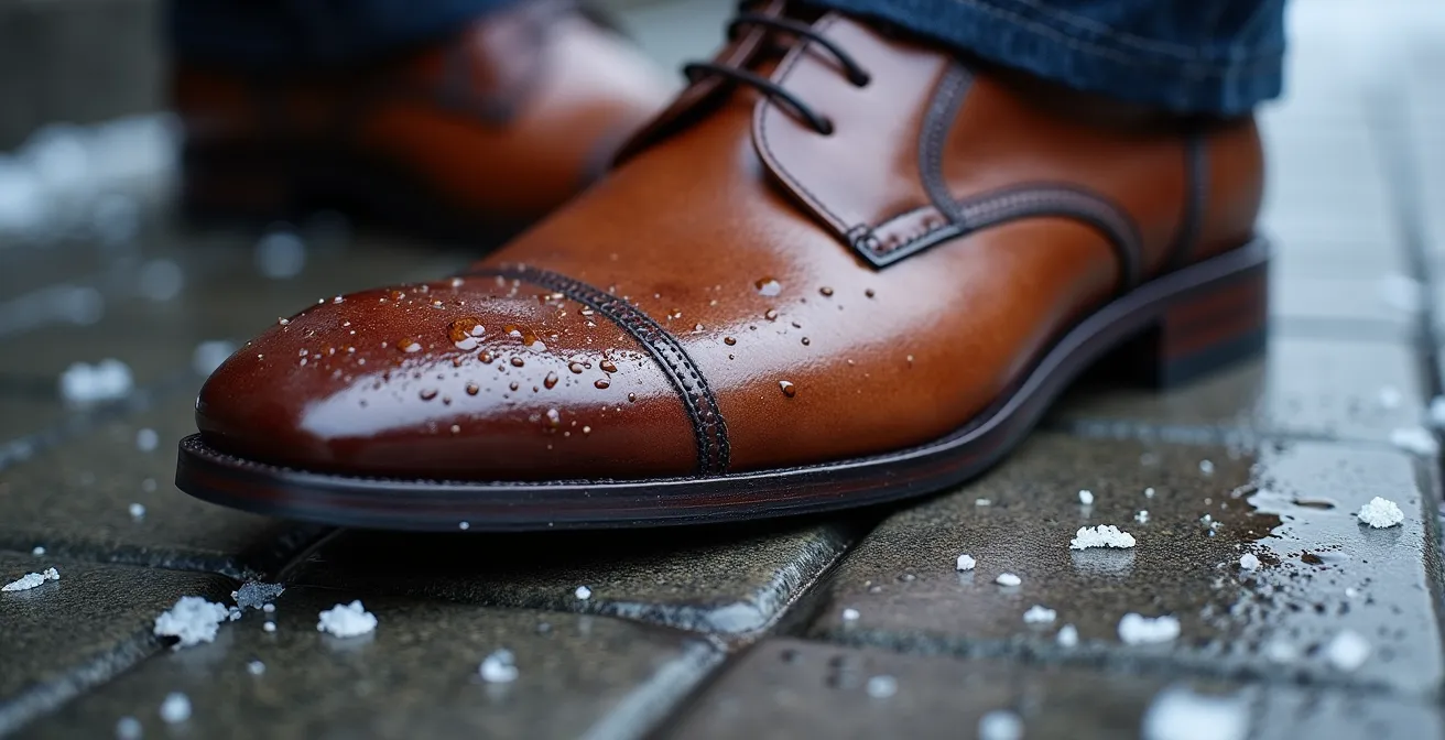 Gros plan sur des chaussures de ville élégantes posées sur un trottoir montréalais déneigé avec traces de calcium visibles