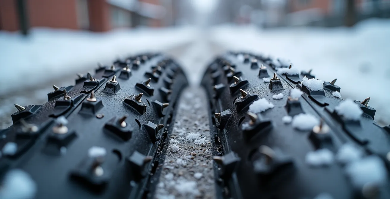 Gros plan sur deux types de pneus de vélo d'hiver montrant la différence entre clous et crampons