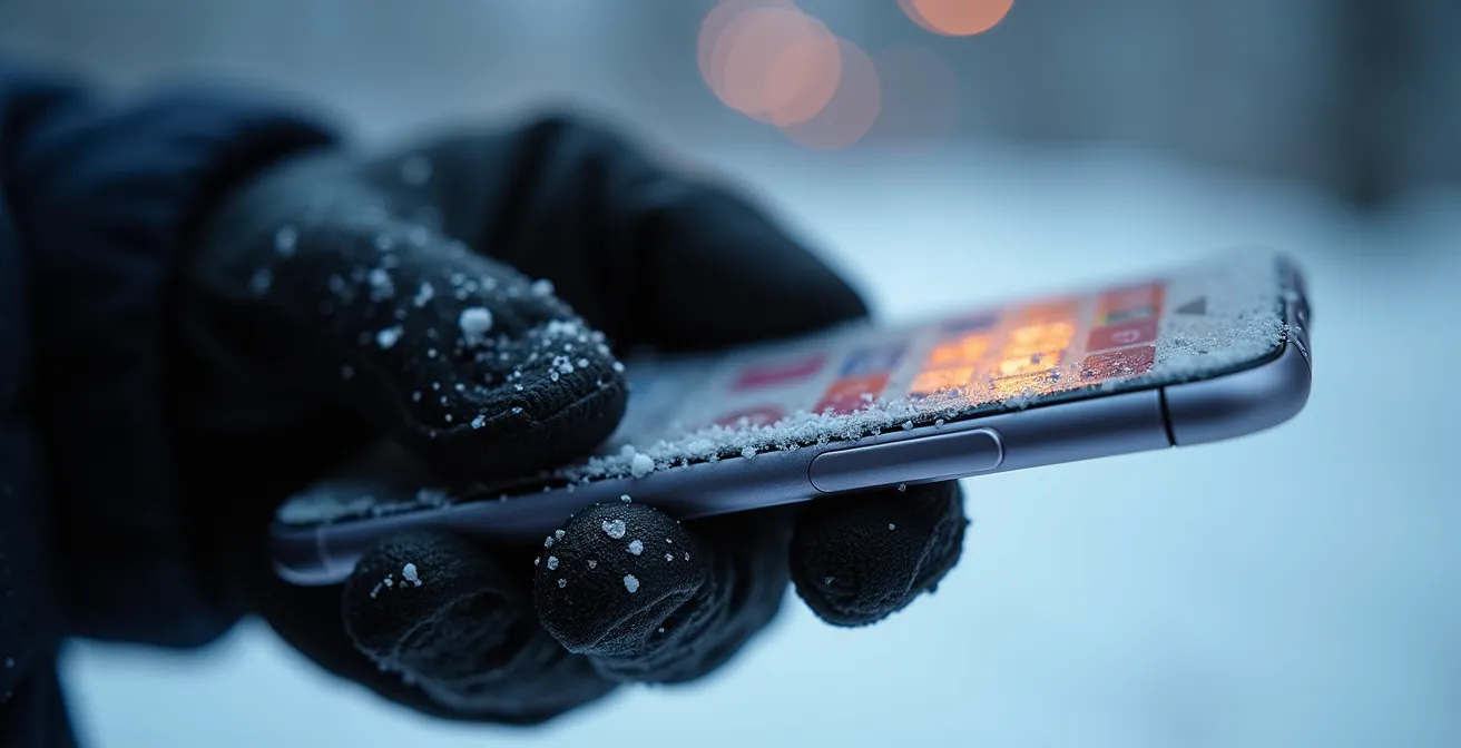 Main tenant un smartphone montrant une notification d'alerte bus dans un environnement hivernal montréalais