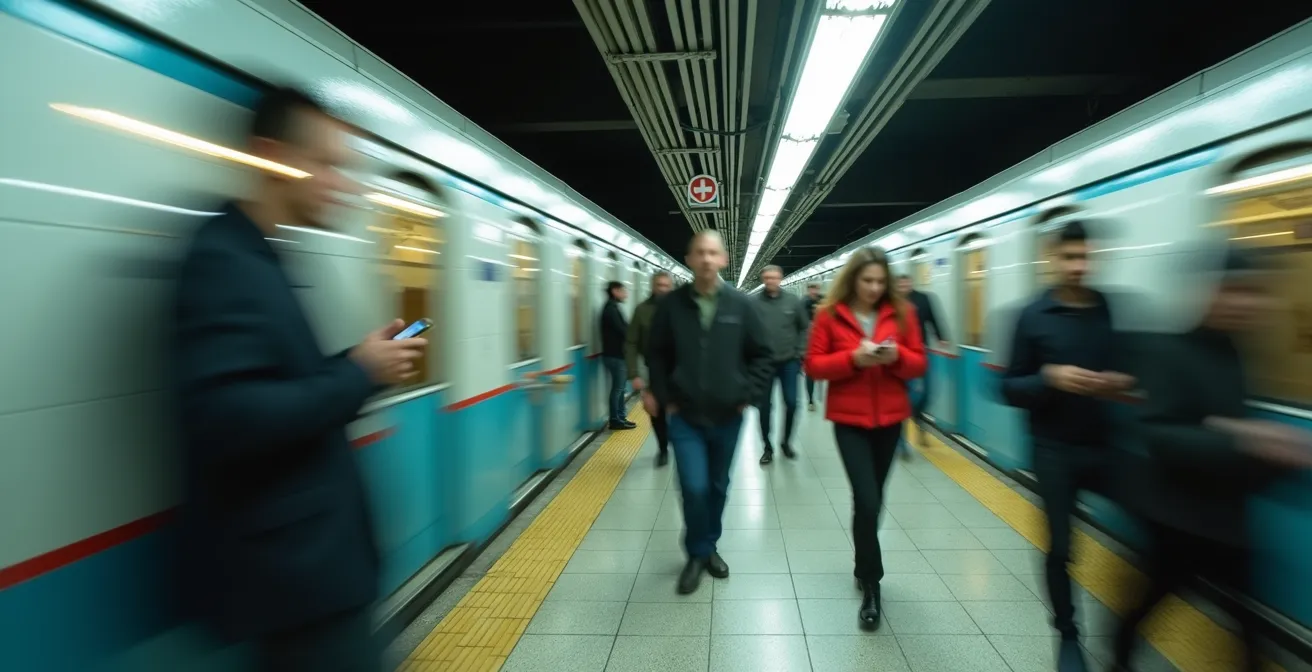 Vue en plongée d'un quai de métro montréalais avec des voyageurs en mouvement créant des traces colorées