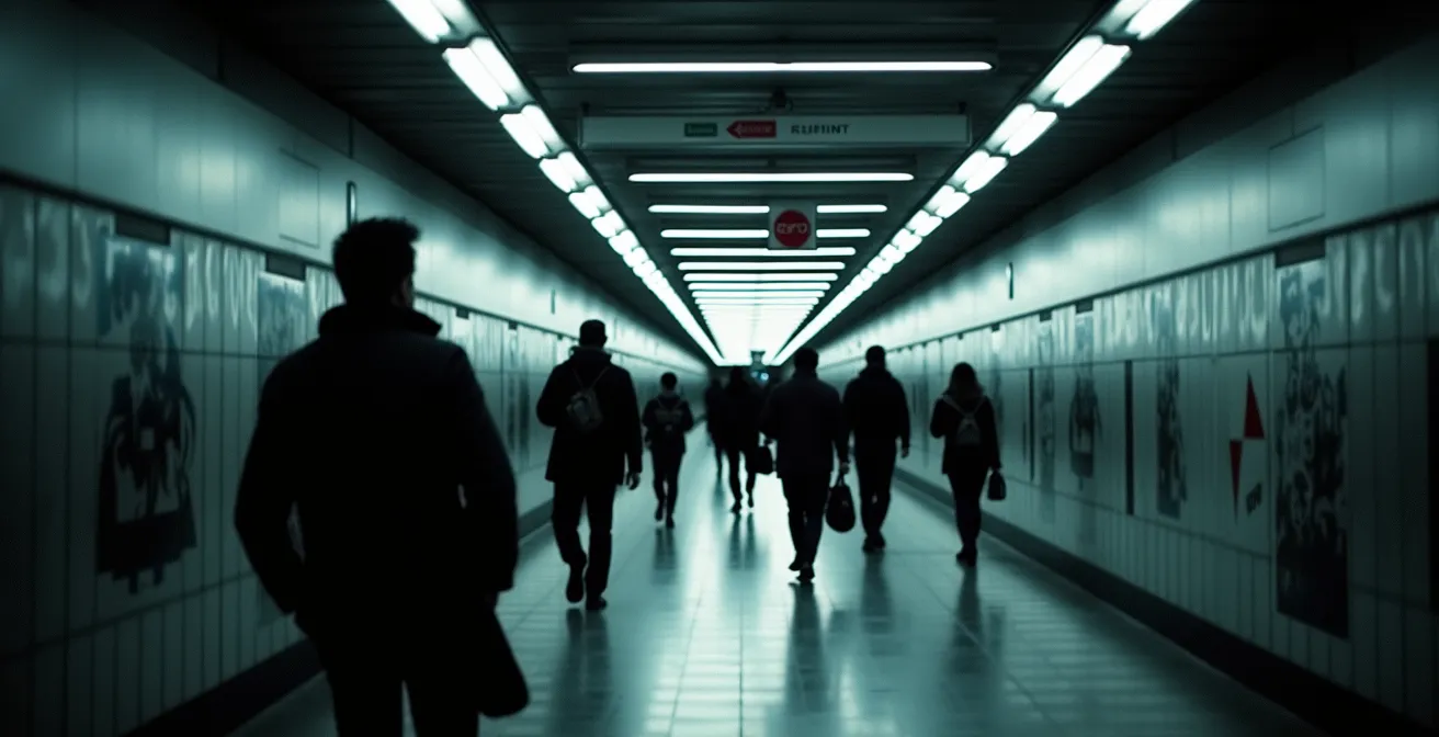Long corridor souterrain de la station Vendôme montrant le flux de passagers en mouvement
