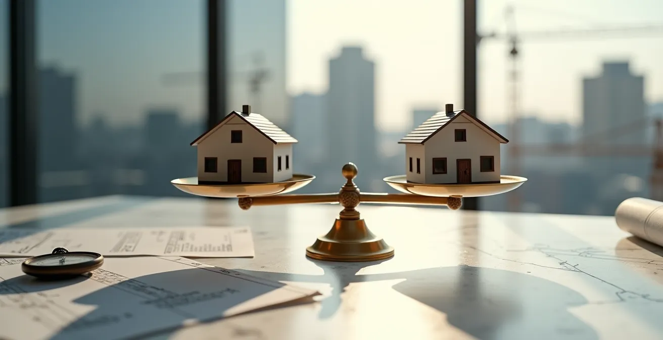 Graphique conceptuel montrant les phases d'un projet de transport et leur impact sur les prix immobiliers au fil du temps.