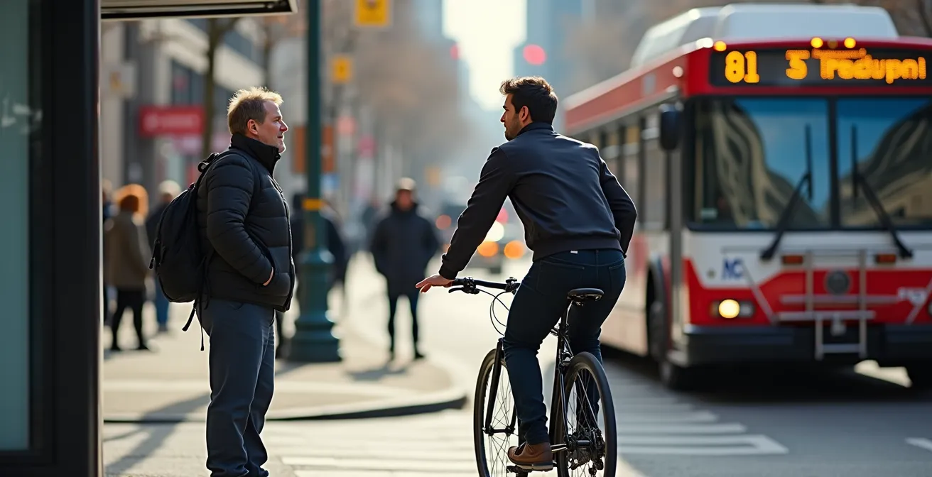 Vue aérienne d'un cycliste ralentissant près d'un arrêt d'autobus sur le REV avec passagers descendant