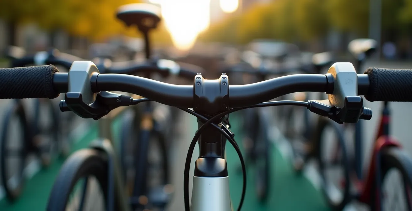 File de cyclistes dense sur le REV Saint-denis pendant l'heure de pointe avec diversité de vélos