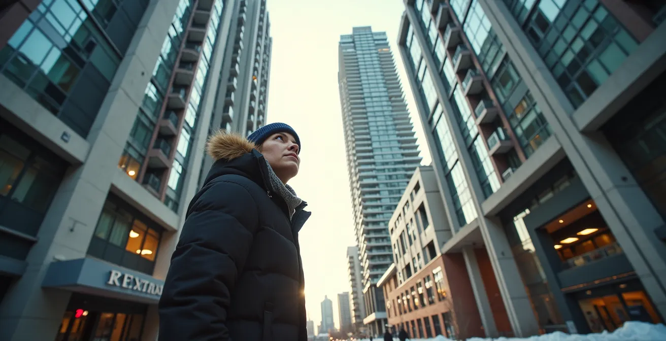 Vue architecturale de tours résidentielles modernes près d'une station REM à Montréal