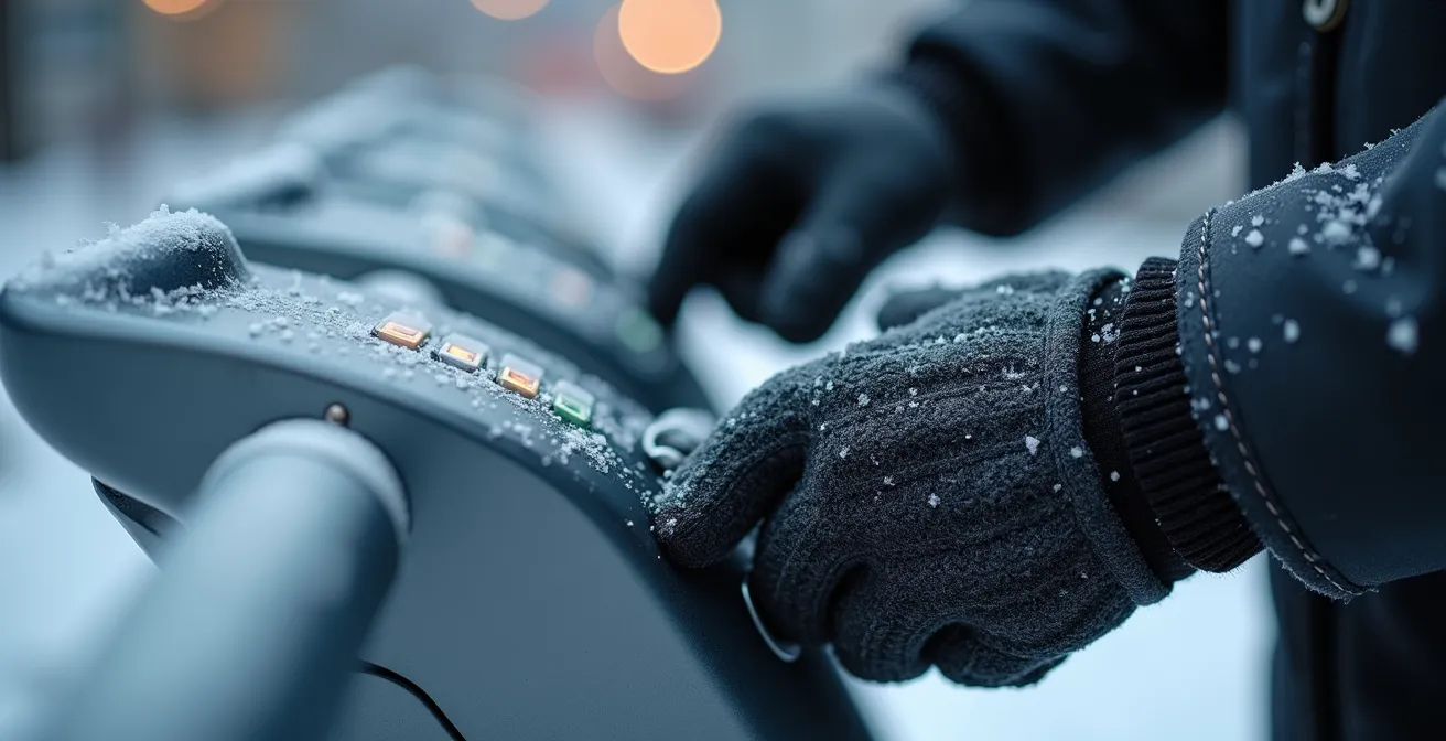 Gros plan sur des mains gantées manipulant une clé BIXI près du clavier de déverrouillage en hiver
