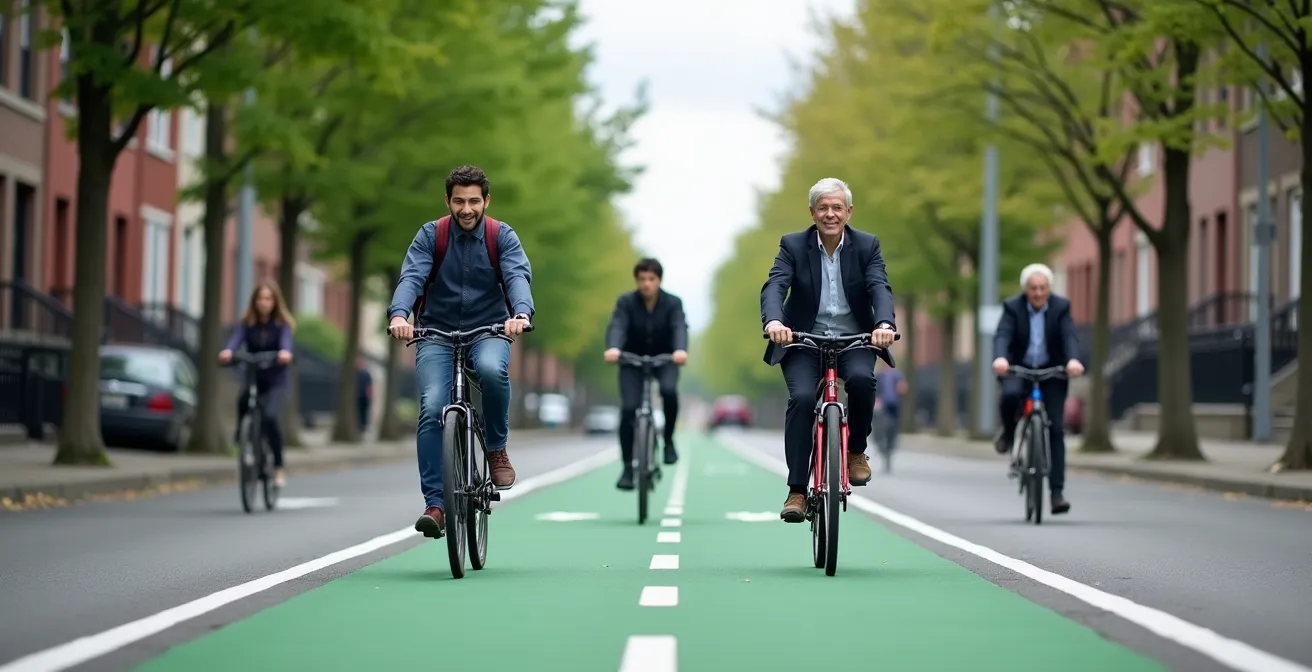 Vue large d'une piste cyclable montréalaise avec différents types de cyclistes en vêtements variés