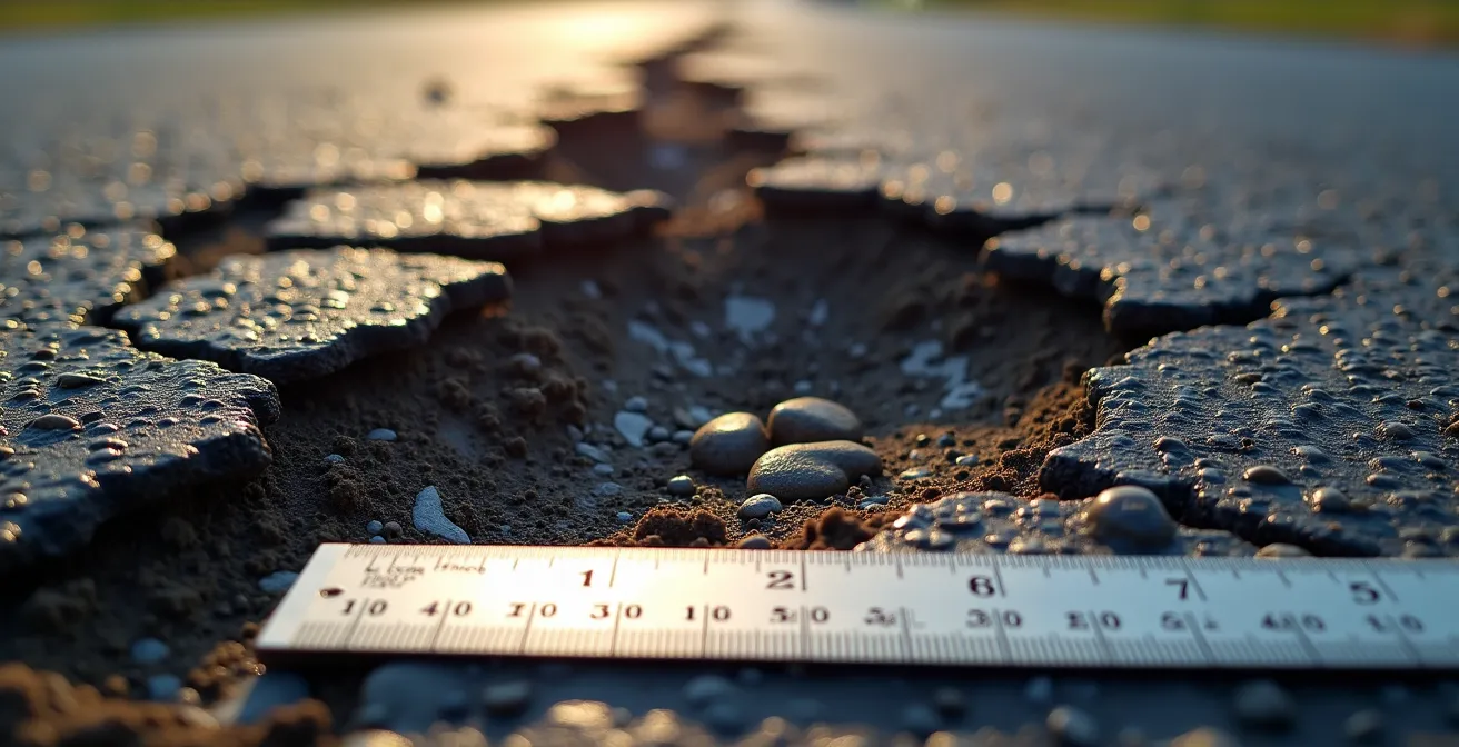 Gros plan macro d'une surface d'asphalte endommagée montrant la texture granulaire et les fissures profondes d'un nid-de-poule, avec une règle de mesure posée à côté