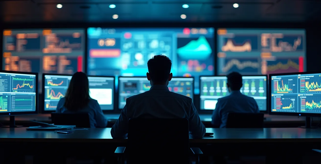 Centre de contrôle du trafic avec visualisation des données en temps réel sur carte de Montréal