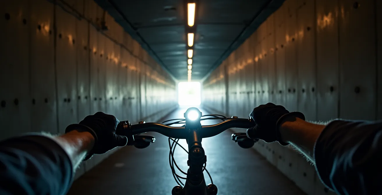 Éclairage de vélo illuminant un passage souterrain montréalais