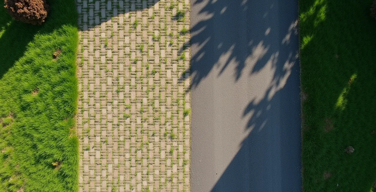 Vue aérienne montrant le contraste thermique entre surfaces perméables végétalisées et surfaces goudronnées