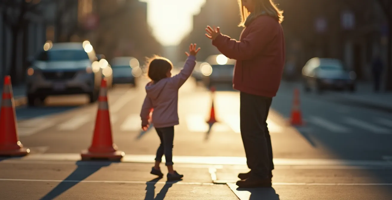Enfant établissant un contact visuel avec un conducteur à une intersection montréalaise