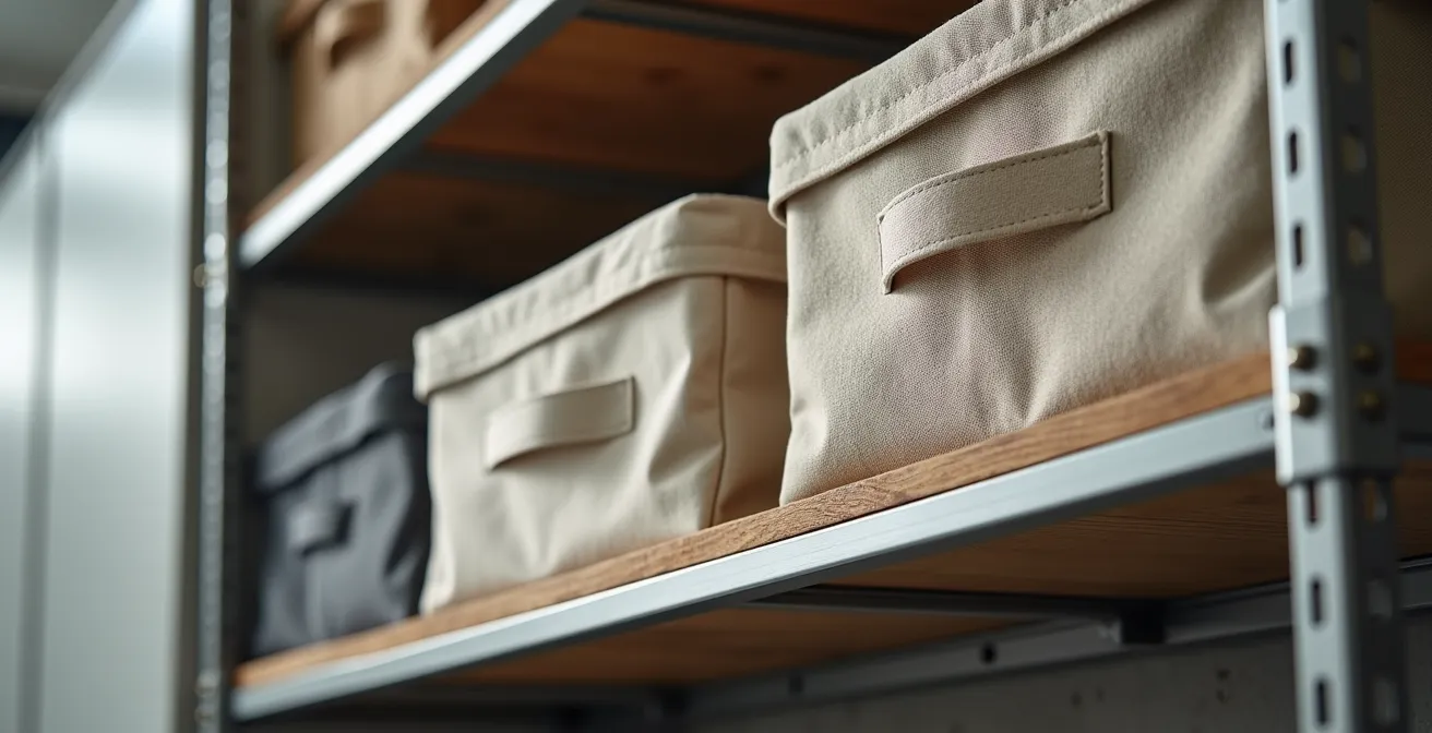 Espace de rangement organisé dans un ancien garage de condo avec étagères et boîtes