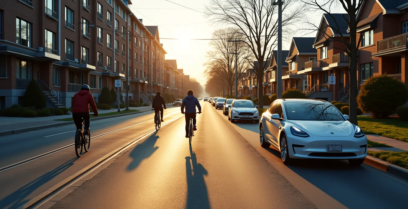 Comparaison visuelle entre un quartier dense du Plateau Mont-Royal avec ses rues étroites et un développement de banlieue avec ses larges boulevards