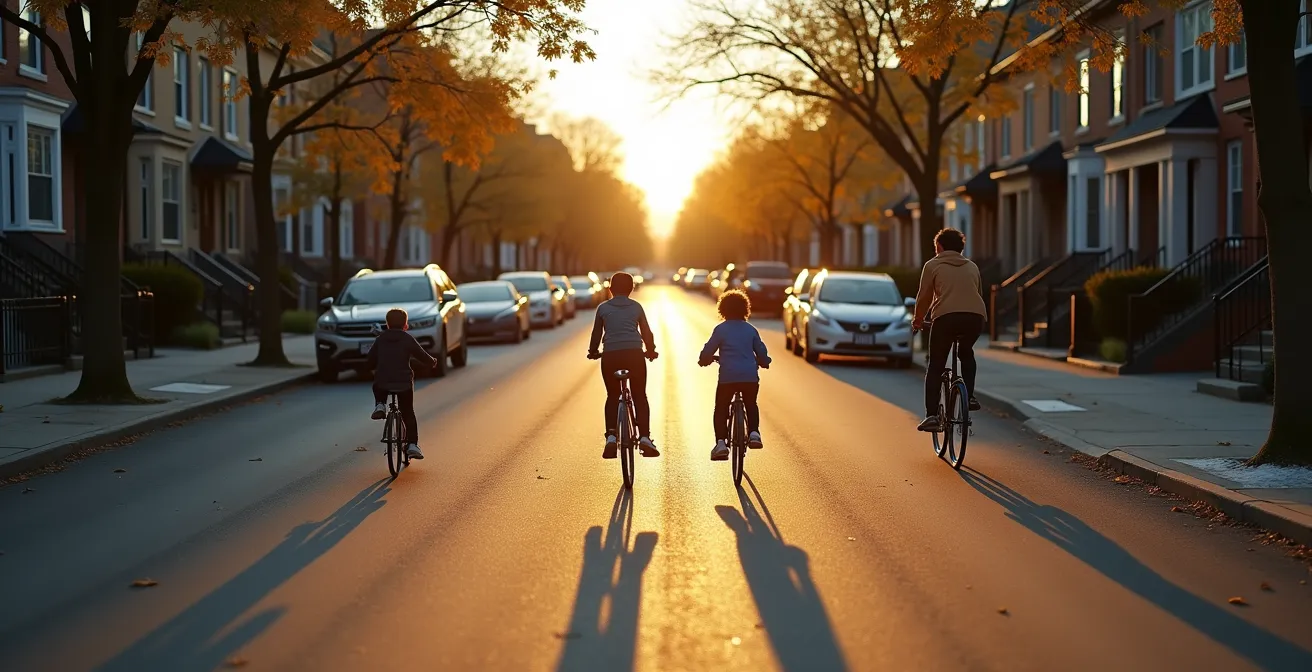 Famille à vélo dans une rue résidentielle de Montréal adoptant une formation sécuritaire