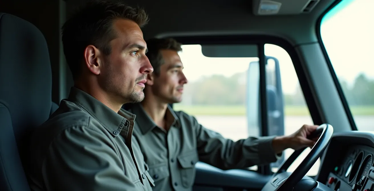 Chauffeur professionnel en formation sur simulateur de conduite de camion électrique avec instructeur