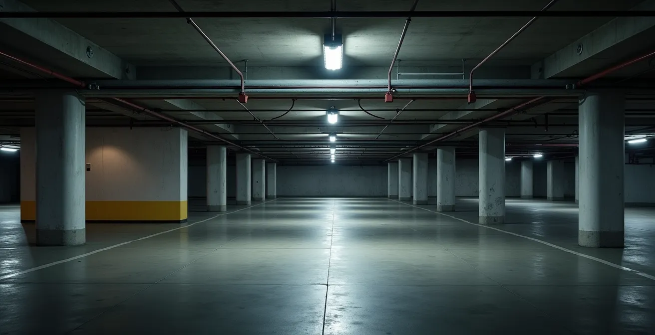 Garage souterrain moderne d'un immeuble de condos avec éclairage LED et marquage au sol