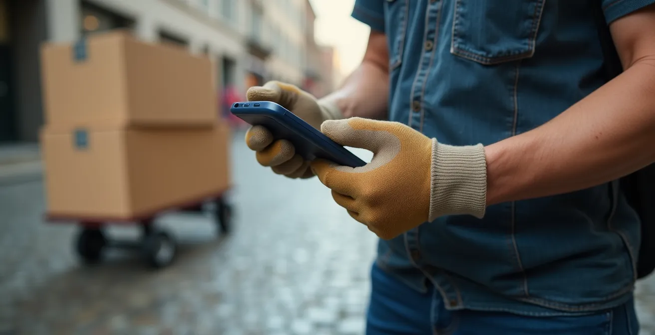 Vue macro d'une main signant un bon de livraison avec palette floue en arrière-plan sur une rue piétonne