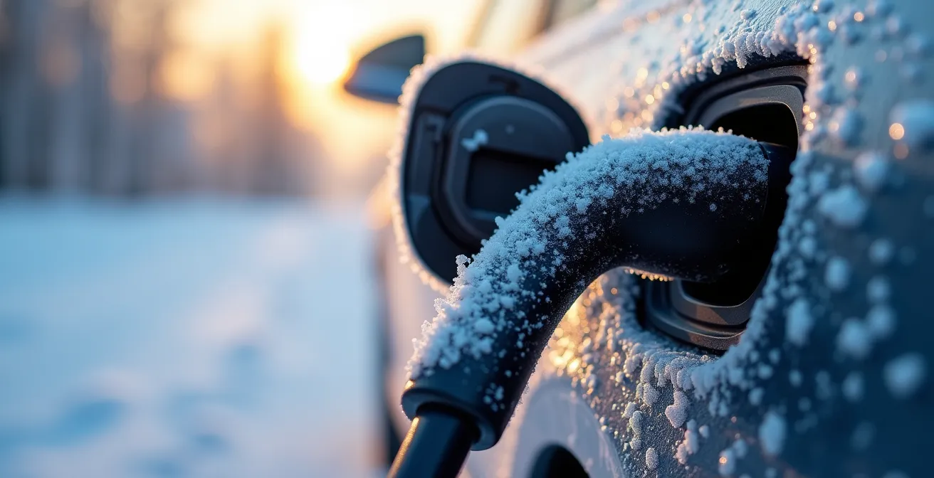 Vue macro d'un port de recharge de véhicule avec cristaux de givre autour, évoquant l'hiver québécois