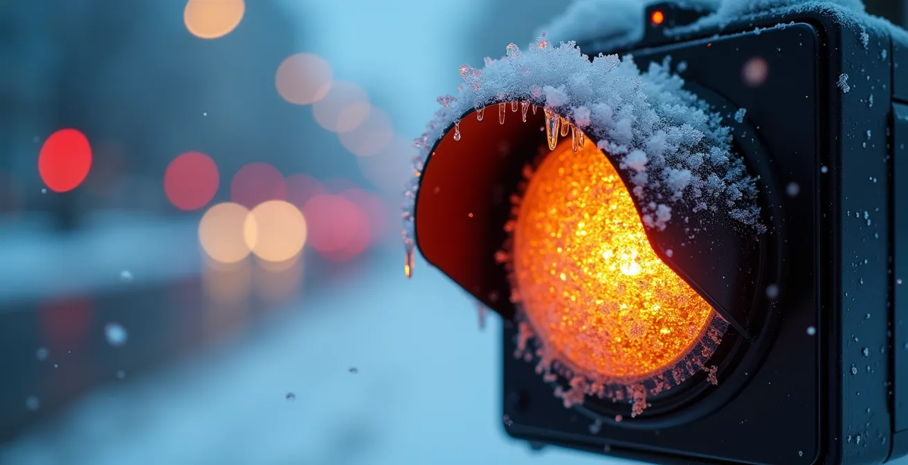 Intersection enneigée de Montréal avec verglas affectant les capteurs de circulation