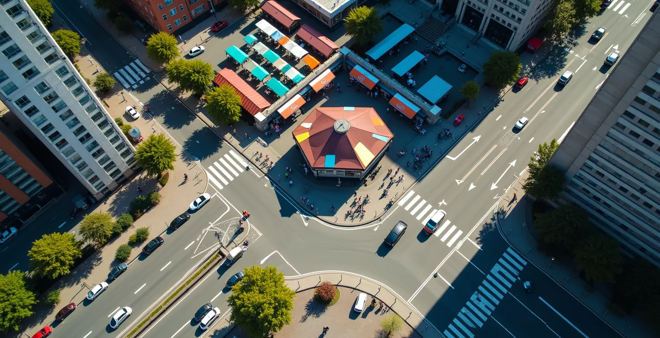 Vue aérienne montrant l'itinéraire de contournement cyclable du marché Jean-Talon