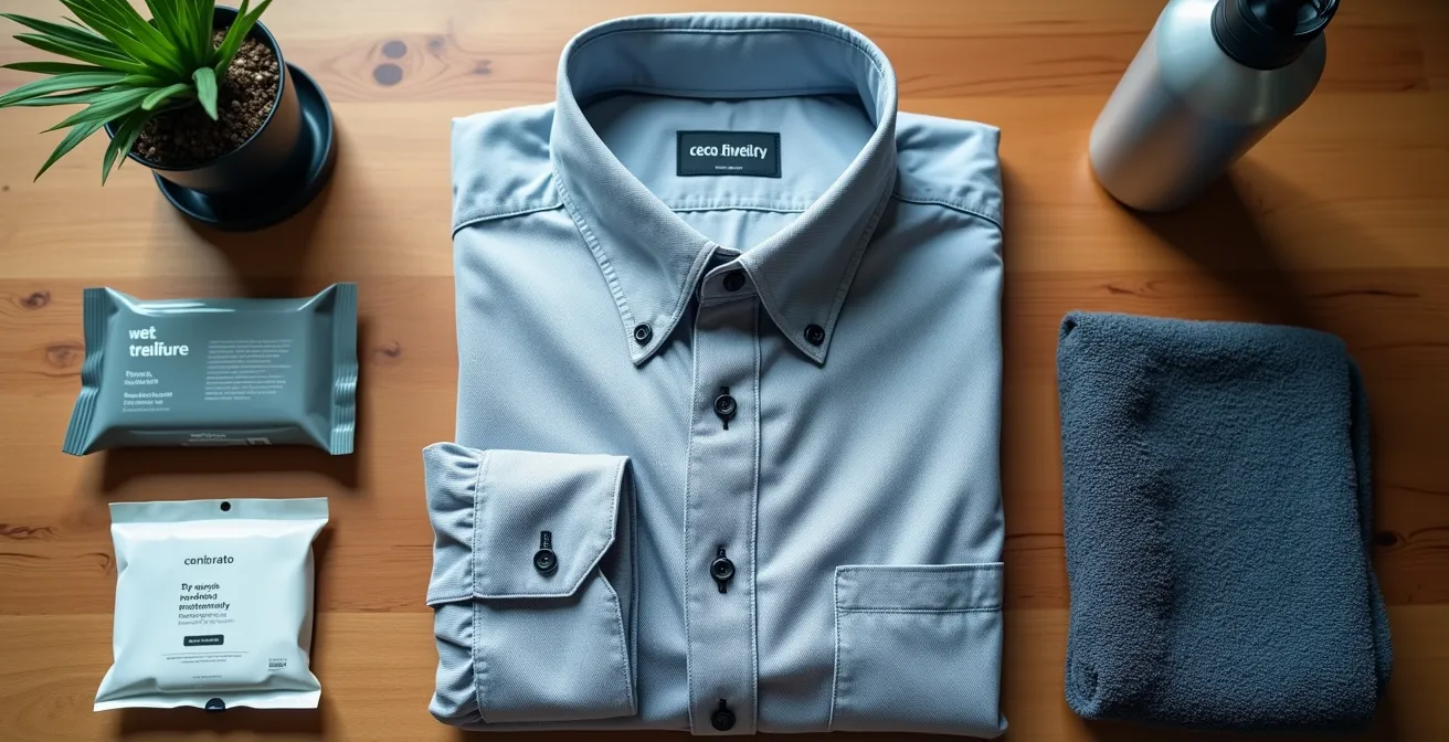 Vue macro d'accessoires de vélotafeur disposés sur un bureau : lingettes, vêtements pliés et produits d'hygiène