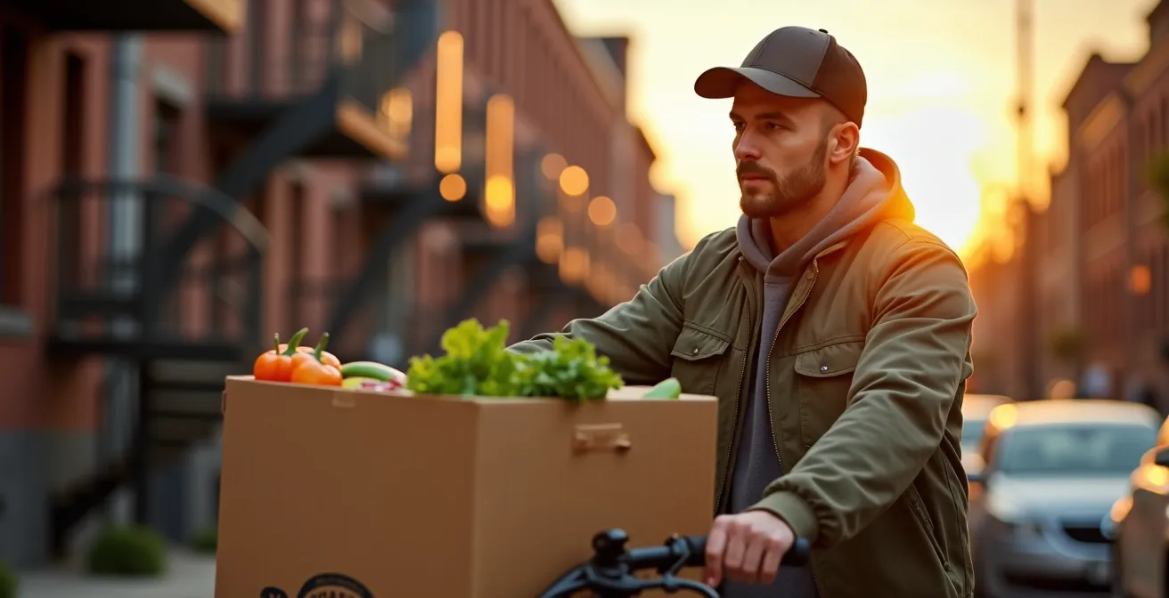 Livreur avec vélo-cargo électrique déchargeant des caisses de produits frais devant un restaurant du Plateau Mont-Royal à l'aube