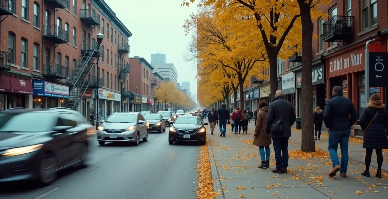 Comparaison visuelle du paysage sonore urbain avec et sans circulation automobile sur une rue de Montréal.
