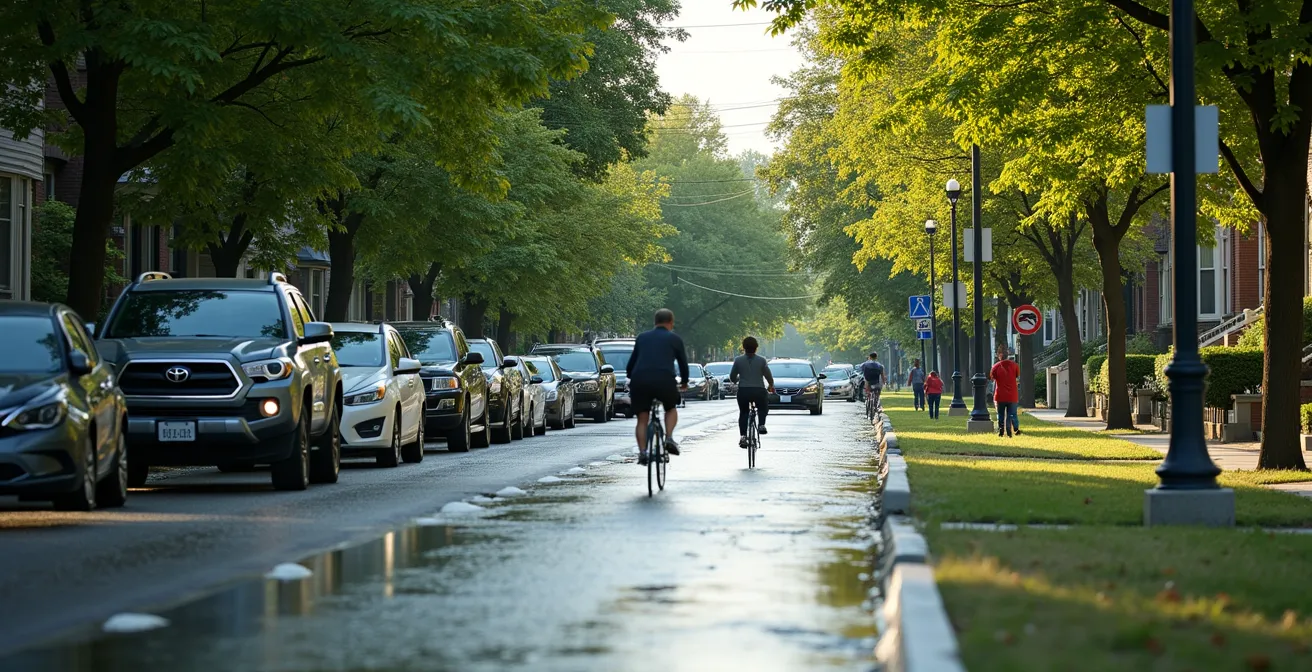 Cyclistes et piétons sur une rue verdoyante de Montréal avec infrastructure cyclable protégée