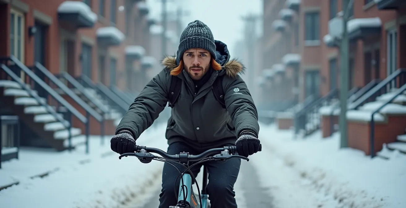 Livreur à vélo-cargo électrique dans une rue enneigée de Montréal avec technologie d'assistance