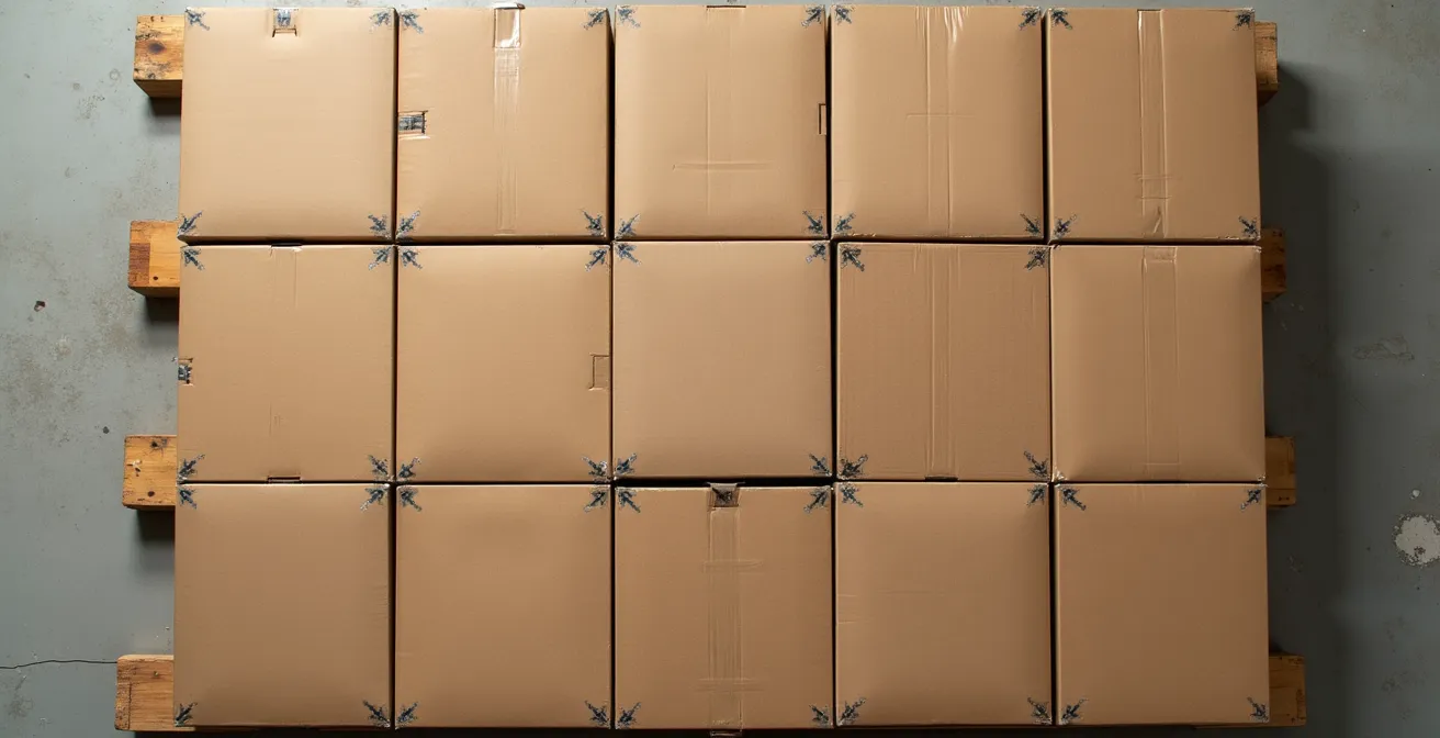 Arrangement géométrique parfait de boîtes standardisées sur une palette vue de dessus