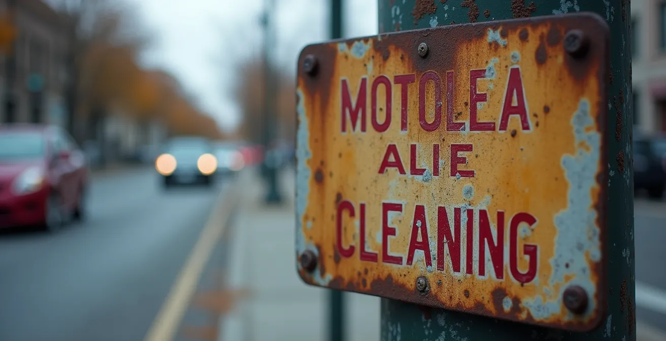 Panneau de signalisation de nettoyage de rue à Montréal avec une voiture garée illégalement recevant une contravention