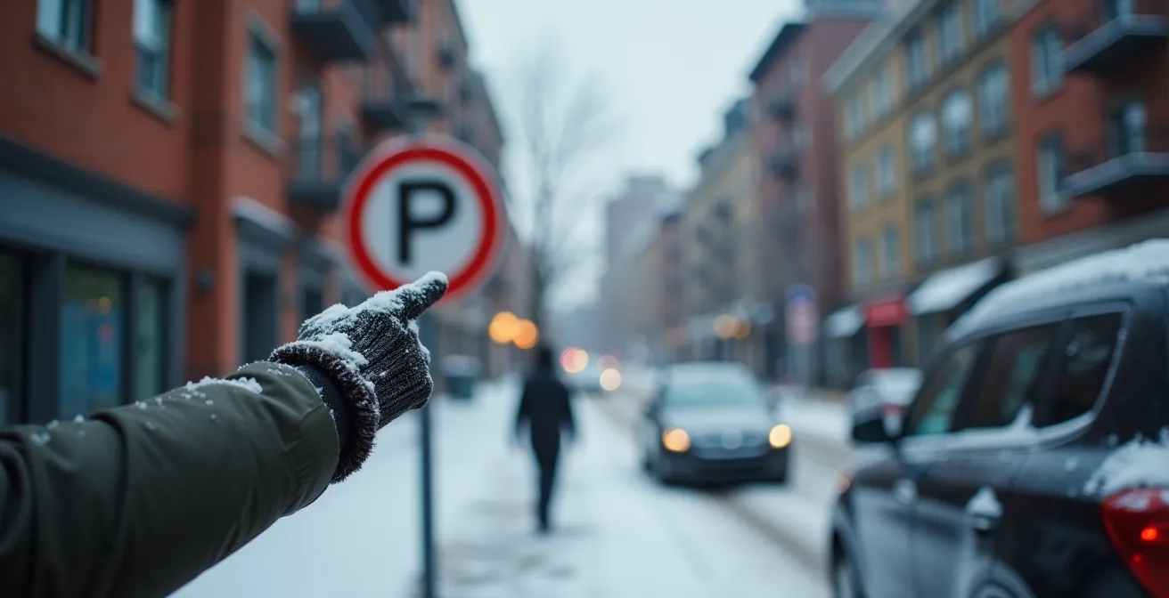 Panneau de stationnement hivernal flou avec véhicule garé en arrière-plan