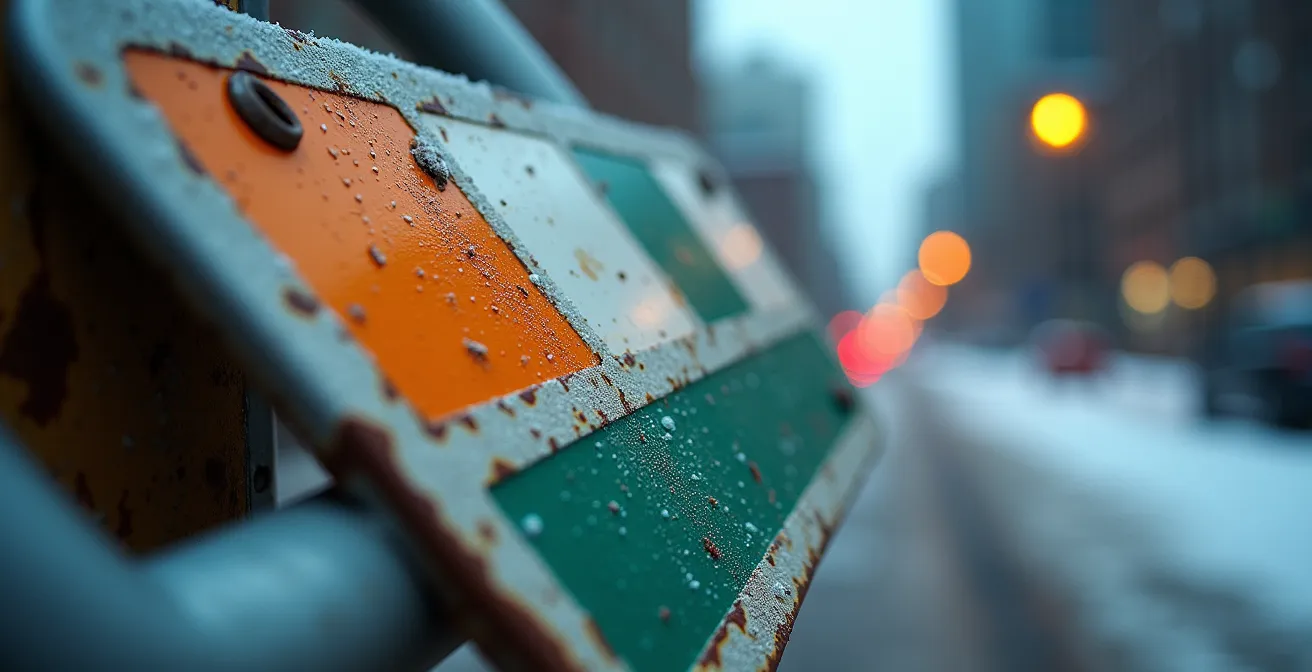 Poteau de signalisation montréalais avec multiples panneaux colorés vus de côté