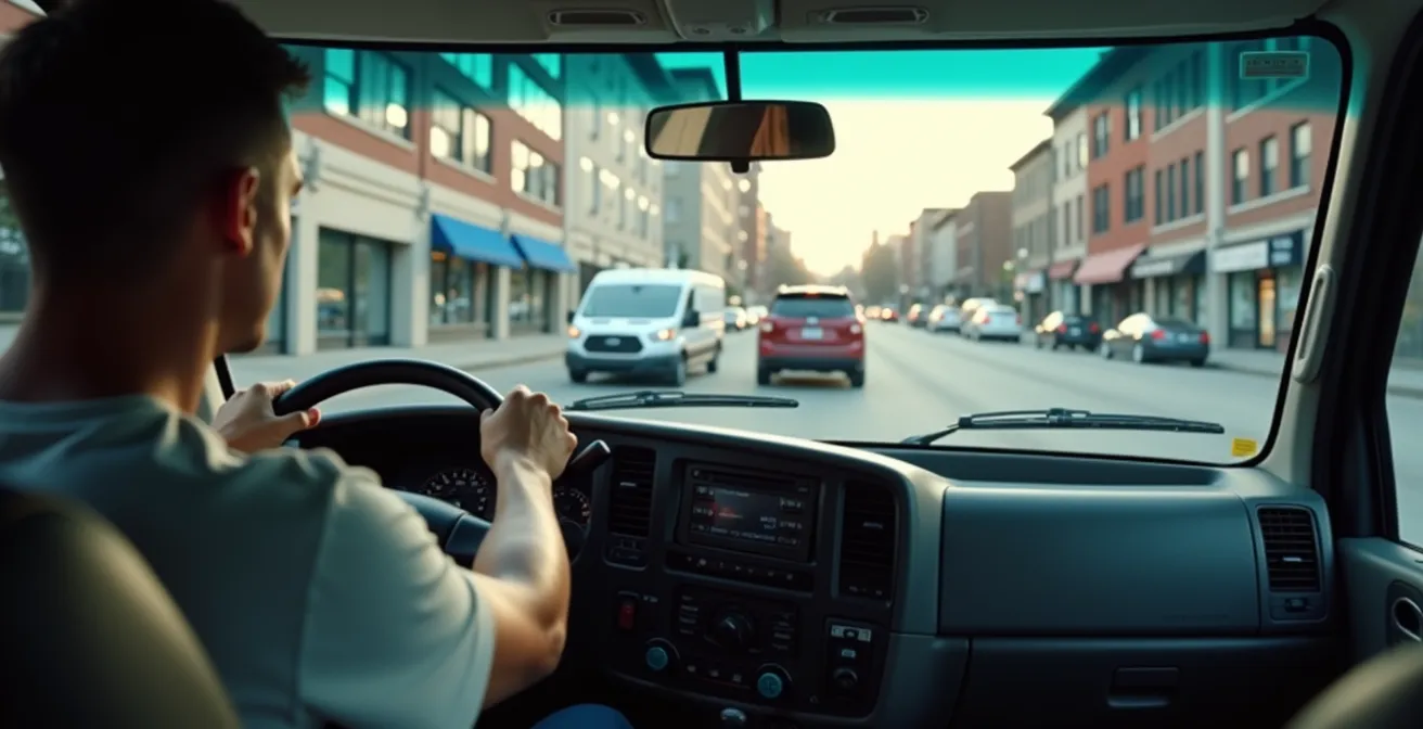 Vue depuis l'intérieur d'une cabine de camion de livraison montréalais montrant une rue commerciale montréalaise avec un obstacle de stationnement illégal visible à travers le pare-brise