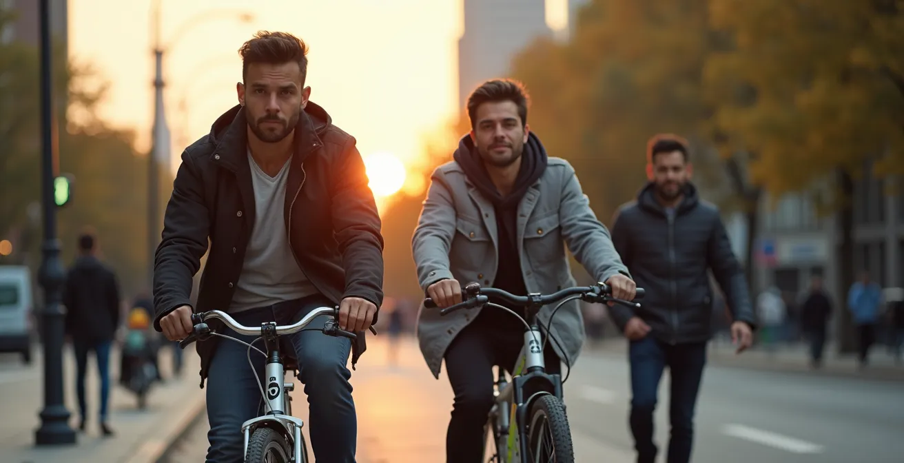 Employés montréalais utilisant des moyens de transport alternatifs devant un bureau moderne