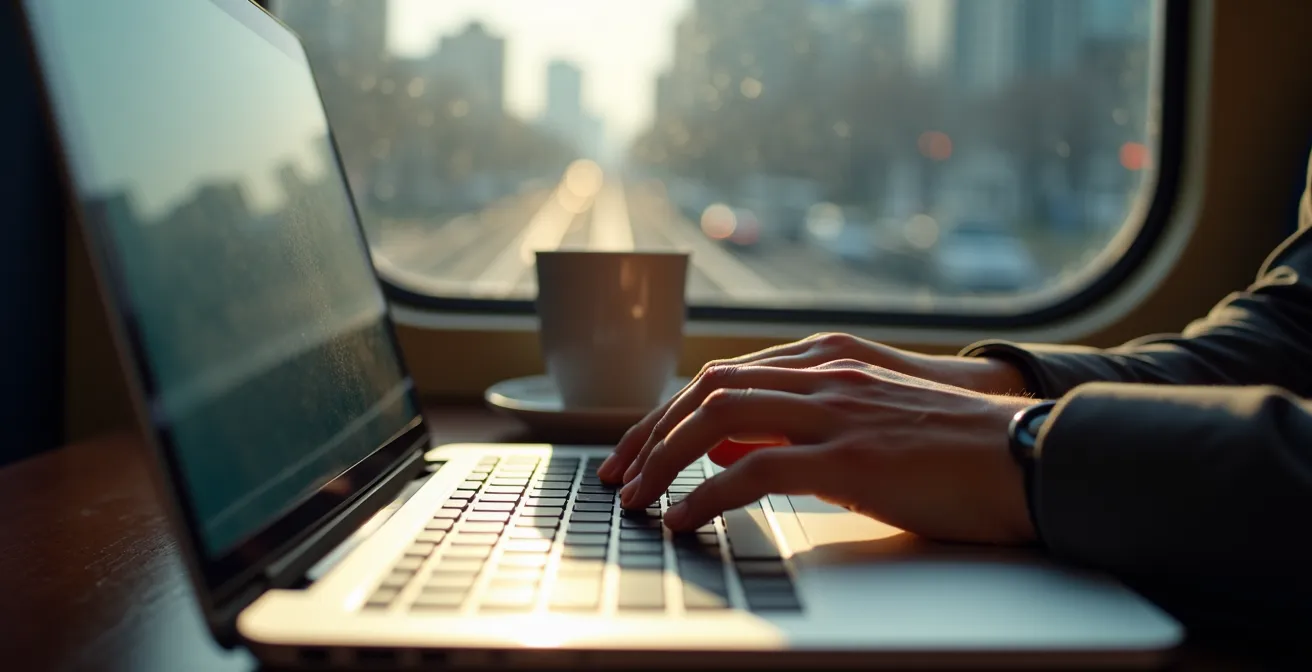 Gros plan sur les mains d'un voyageur travaillant sur un ordinateur portable dans un train, avec le paysage urbain flou en arrière-plan